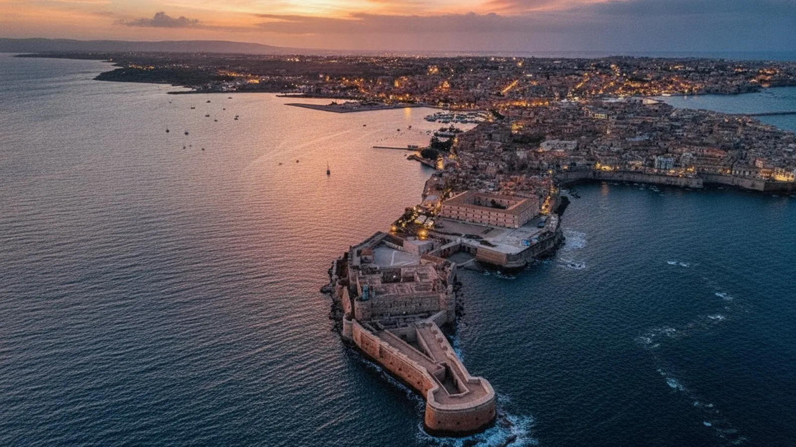 La costa della zona di Noto vista dall'alto, con il mare e l'abitato affacciato sull'acqua