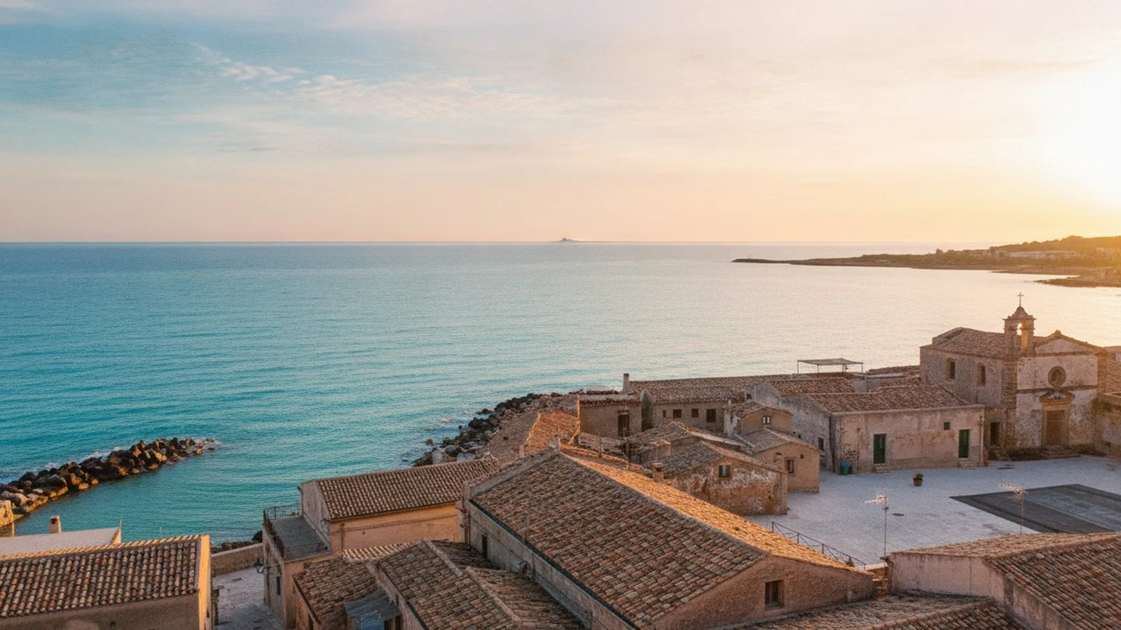 La costa di Noto Marina al tramonto, con il mare calmo e le case affacciate sull'acqua